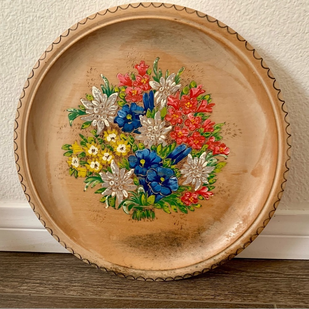 Vintage Hand Painted Wood Plate Austria 12”